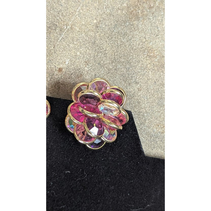 Vintage Swarovski SAL Signed Layered Crystal Flower Clip Earrings