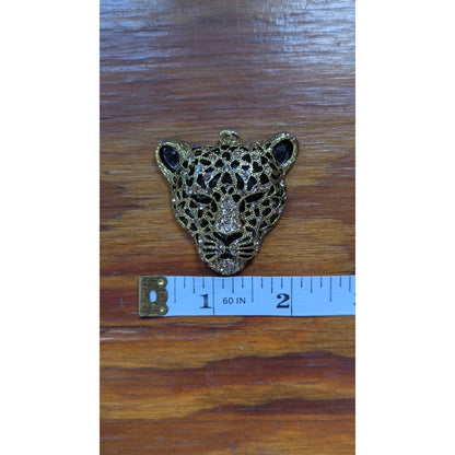 Leopard Tiger Cat Head Pendant Chunky Silver Tone Rhinestones w Black Enamel