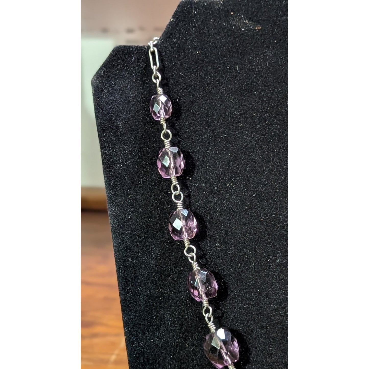 925 Sterling Silver Purple Faceted Crystal Link Station Necklace