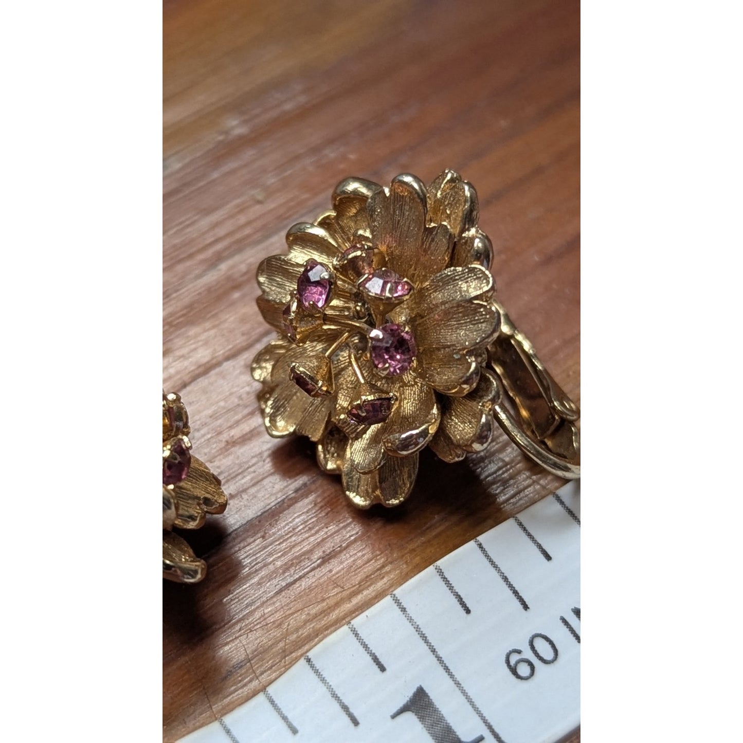 Vintage Signed Marvella Gold Tone Flower Cluster Purple Rhinestone Clip Earrings