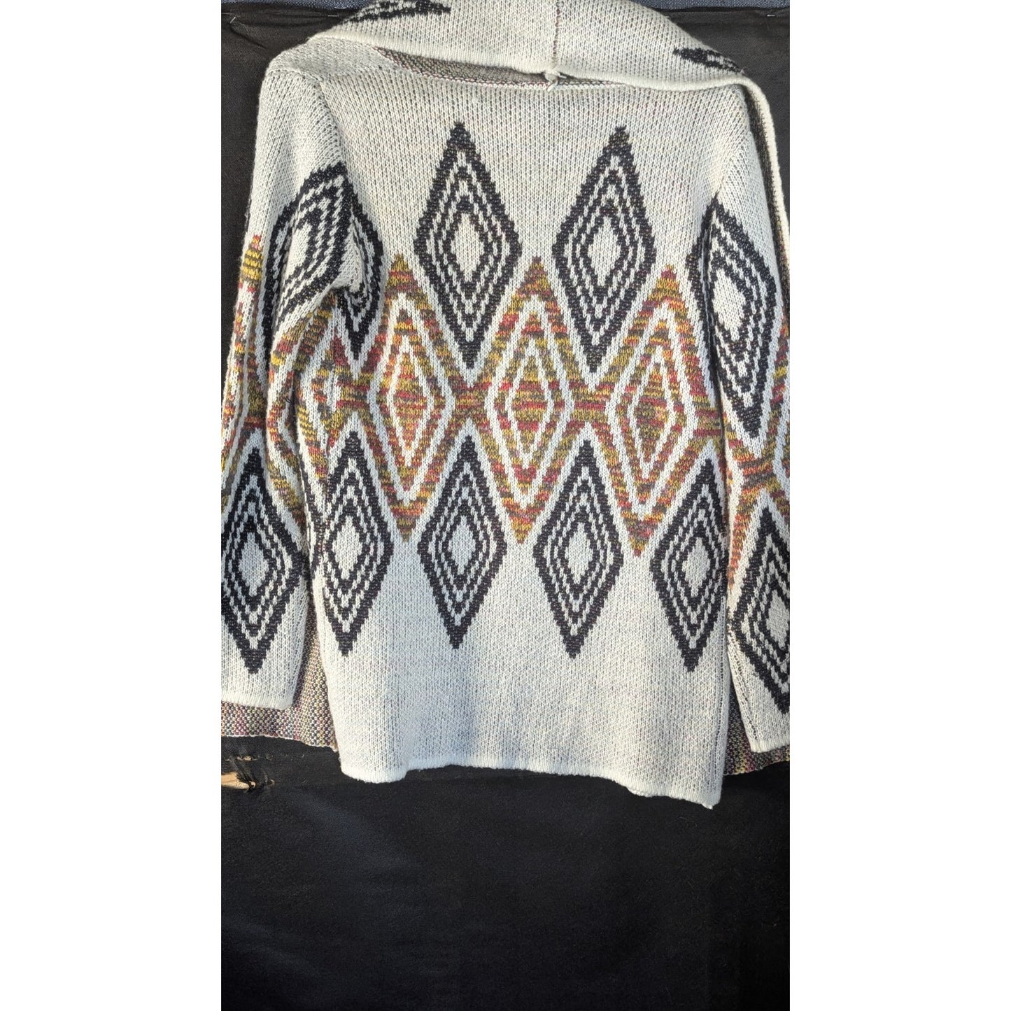 Woven Heart Womens M Open Front Cardigan Aztec Diamond Knit Sweater Ivory Multi