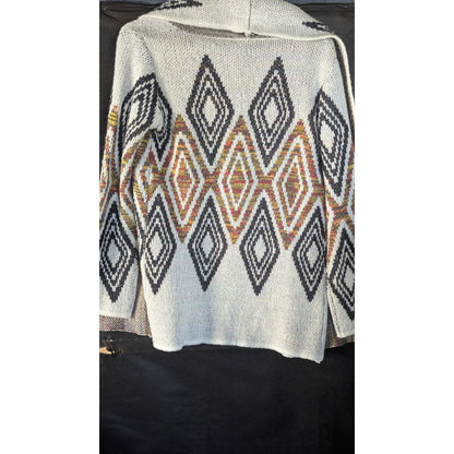 Woven Heart Womens M Open Front Cardigan Aztec Diamond Knit Sweater Ivory Multi