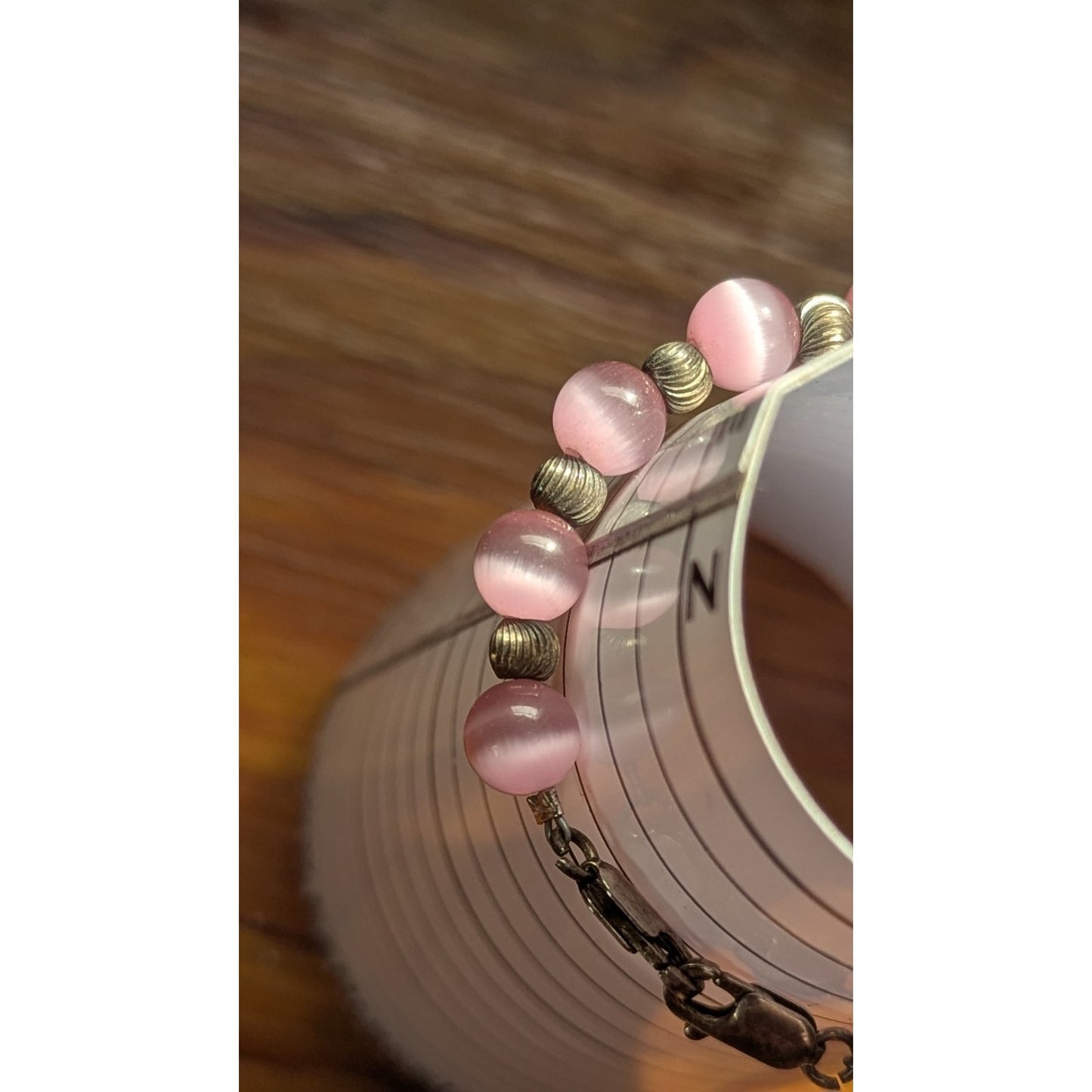 Vintage Sterling Silver 925 Pink Cat's Eye Fiber Optic Bead Bracelet 6" Petite