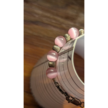 Vintage Sterling Silver 925 Pink Cat's Eye Fiber Optic Bead Bracelet 6" Petite