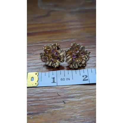 Vintage Signed Marvella Gold Tone Flower Cluster Purple Rhinestone Clip Earrings