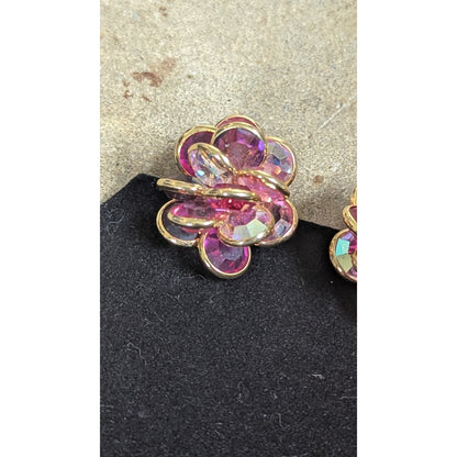Vintage Swarovski SAL Signed Layered Crystal Flower Clip Earrings