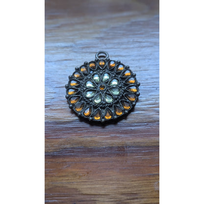 Vintage Brass Filigree Pendant Amber Green Foiled Glass Rhinestone Round