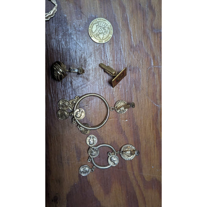 Vintage Gold Tone Jewelry Lot Brooches Pins Coin Earrings Bundle