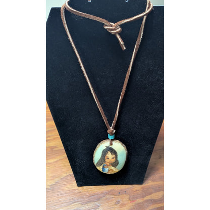 Vintage Jama Signed Hand Painted Mother Child Pendant Necklace