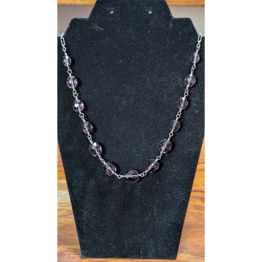 925 Sterling Silver Purple Faceted Crystal Link Station Necklace