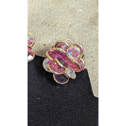 Vintage Swarovski SAL Signed Layered Crystal Flower Clip Earrings