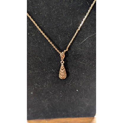 18K Rose Gold Plated Filigree Teardrop Pendant Necklace Dangle Earring Set