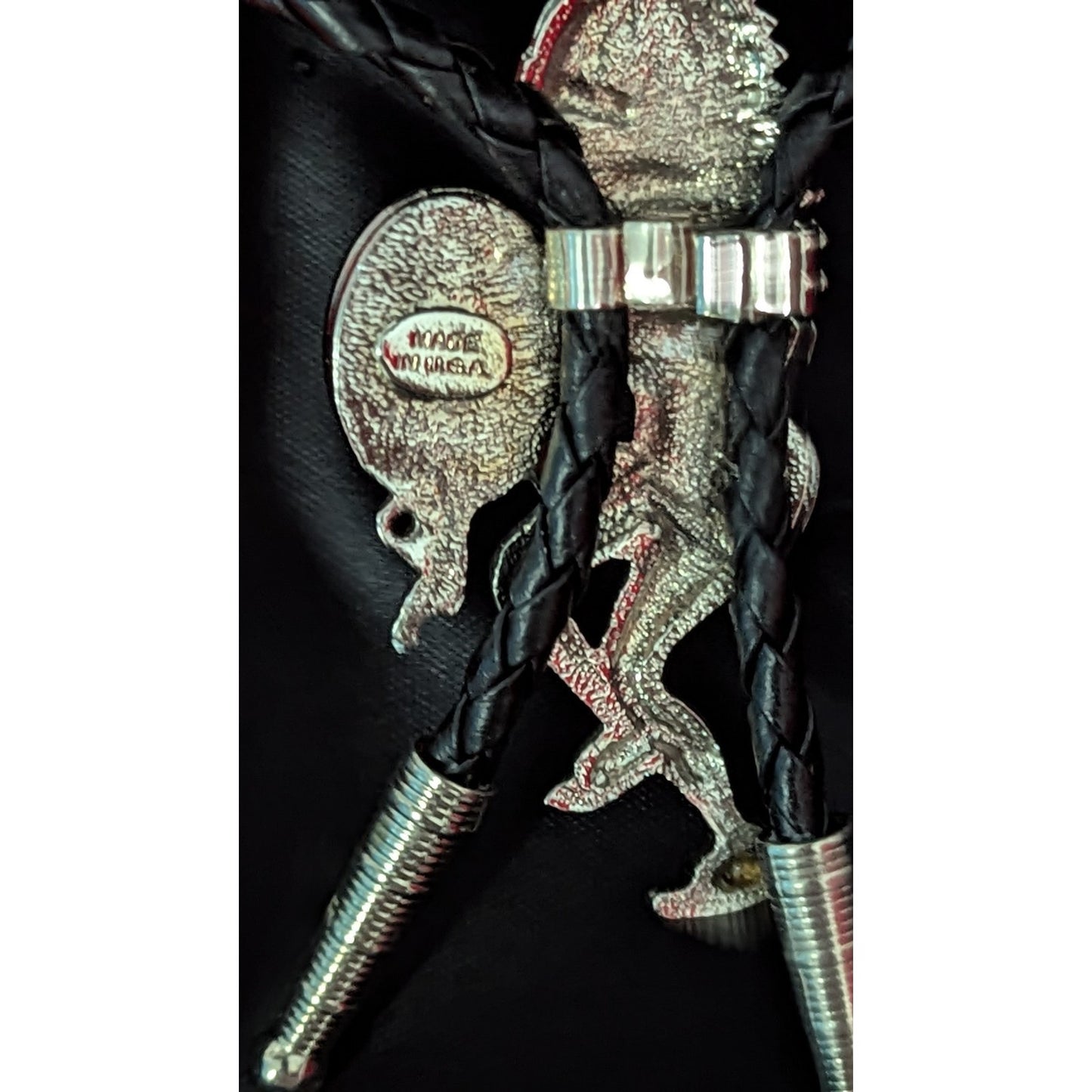 American Indian Warrior With Hatchet Bolo Tie Black Stone Made In USA Silver