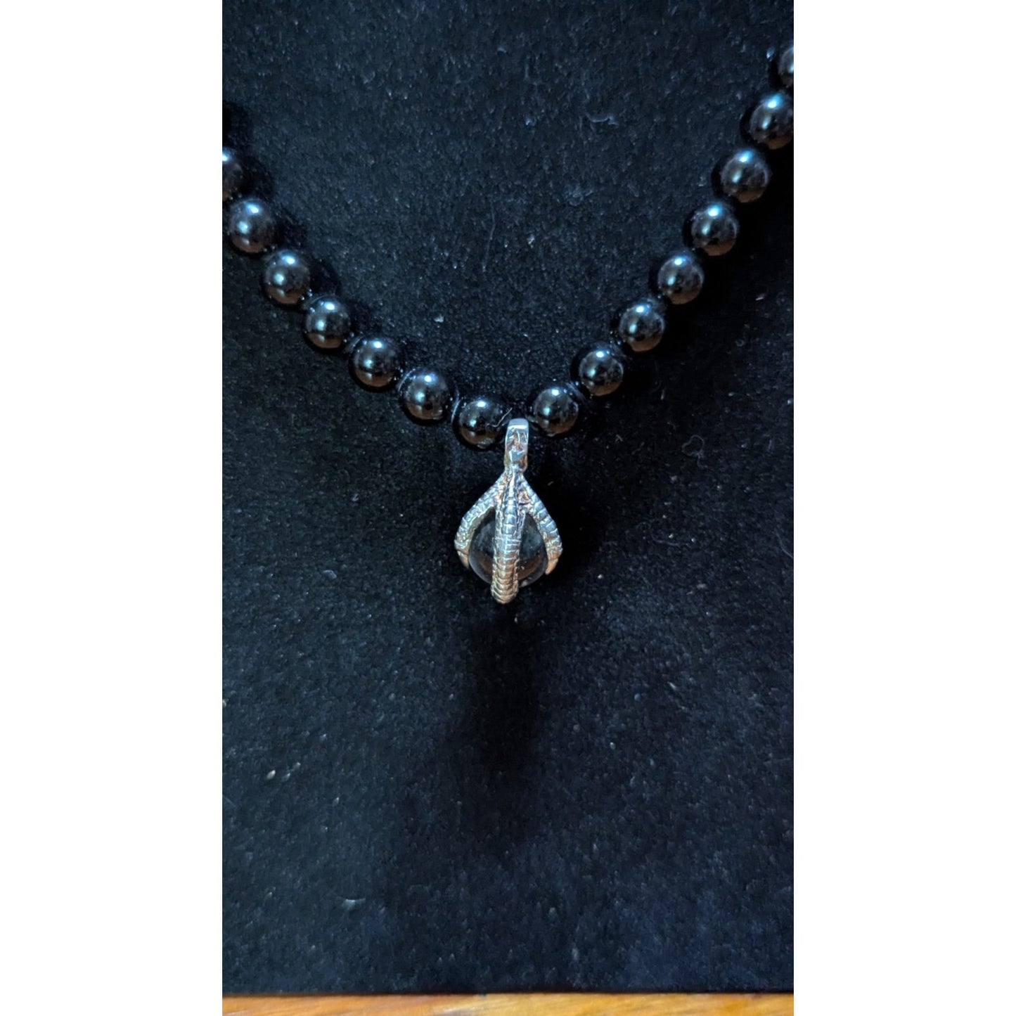 925 Sterling Silver Dragon Claw Orb Black Beaded Gothic Necklace