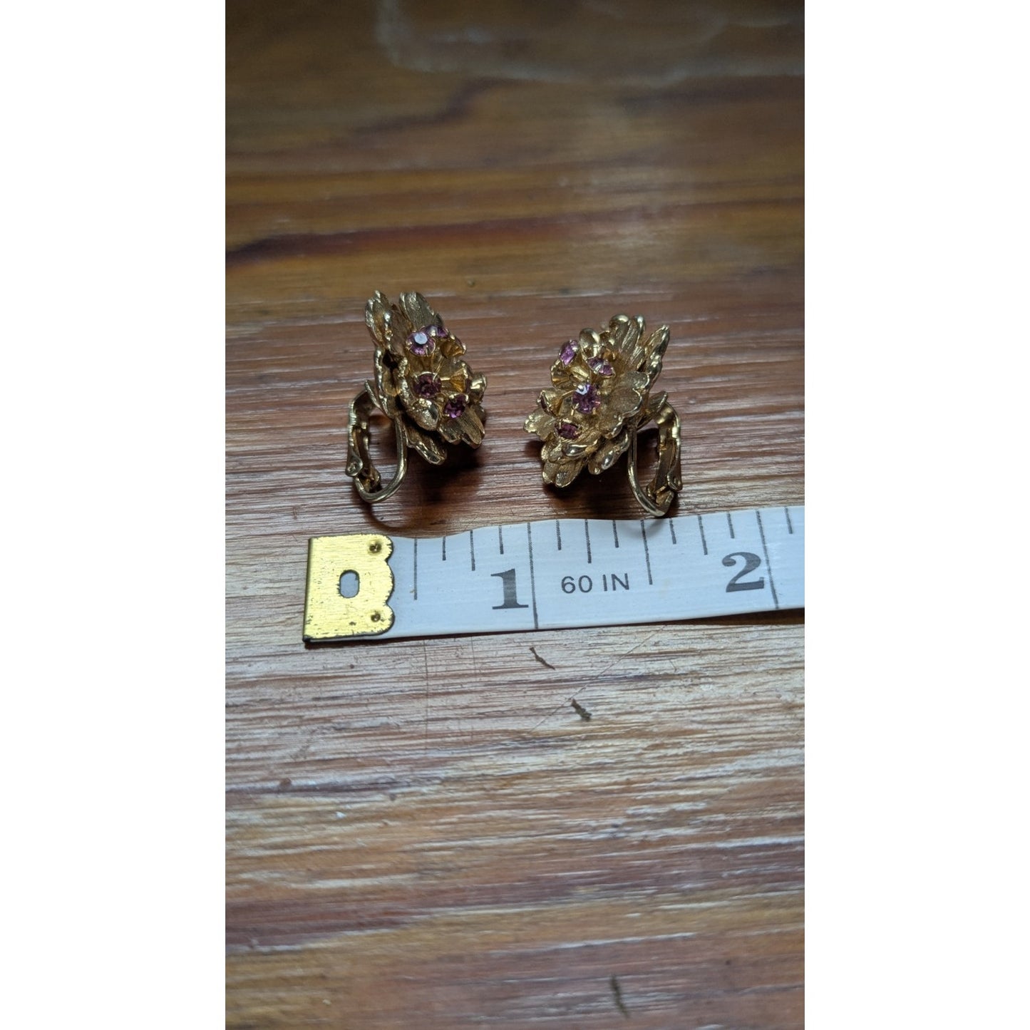 Vintage Signed Marvella Gold Tone Flower Cluster Purple Rhinestone Clip Earrings