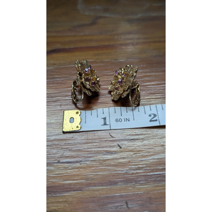 Vintage Signed Marvella Gold Tone Flower Cluster Purple Rhinestone Clip Earrings