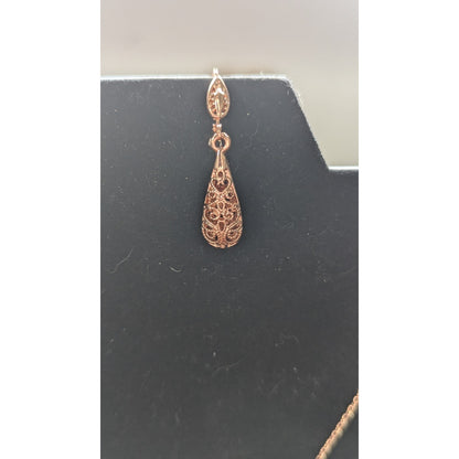 18K Rose Gold Plated Filigree Teardrop Pendant Necklace Dangle Earring Set