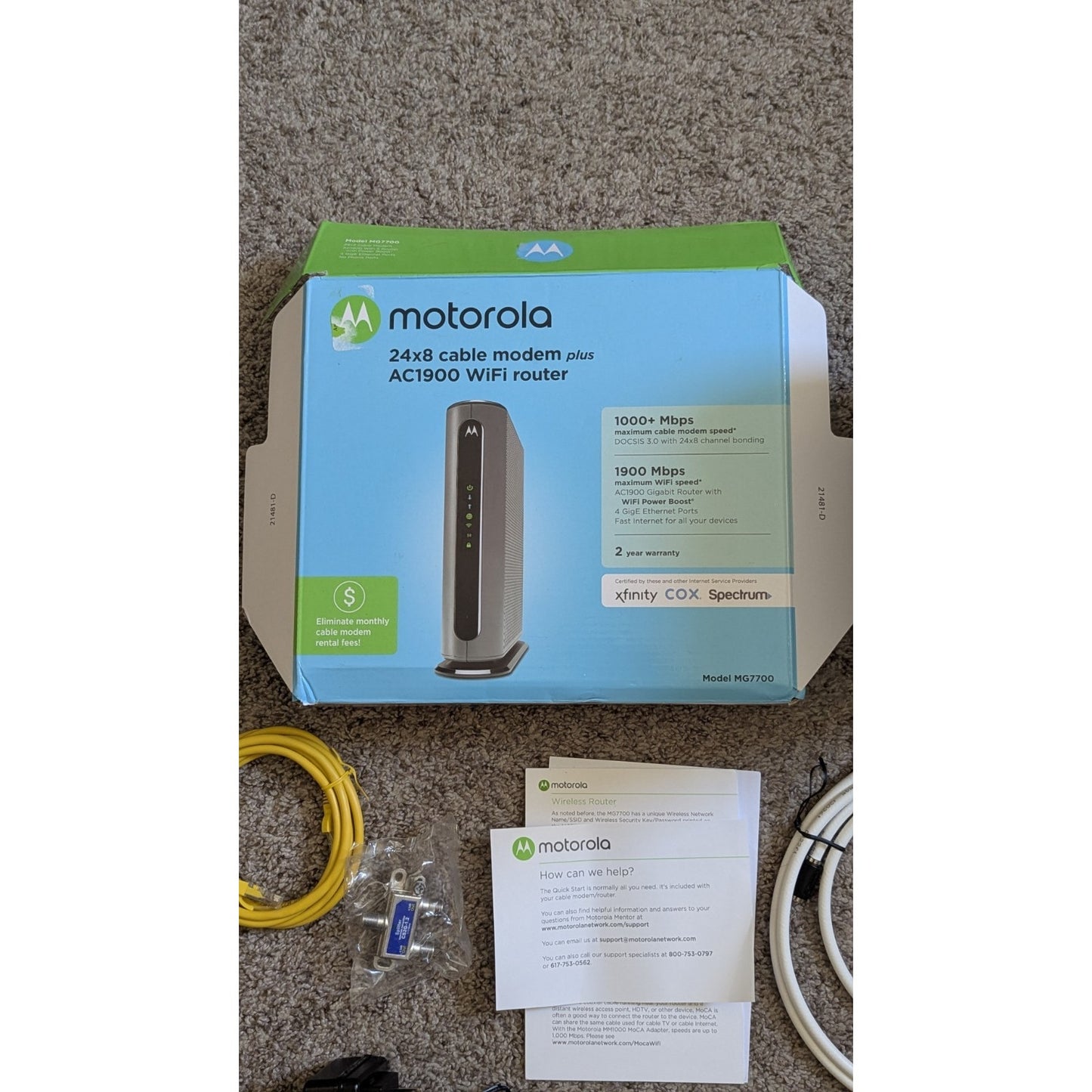 Motorola MG7700 24x8 Cable Modem + AC1900 WiFi Router — Complete Bundle, Used
