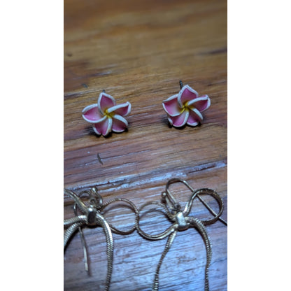 Vintage Earring Lot 3 Pairs Plumeria Bow Fringe Porcelain Rose Estate