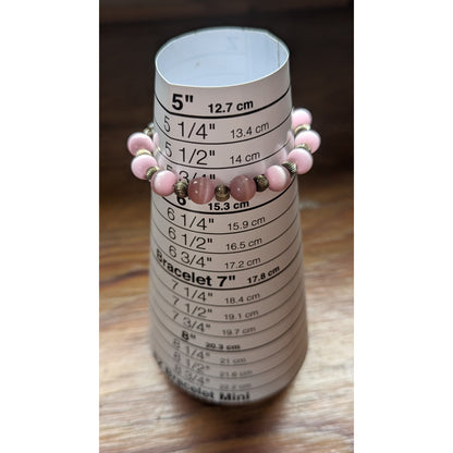 Vintage Sterling Silver 925 Pink Cat's Eye Fiber Optic Bead Bracelet 6" Petite