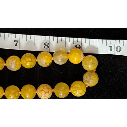 Yellow Dragon Vein Fire Agate 10mm Bead Necklace Hand Knotted 925 Clasp 18"