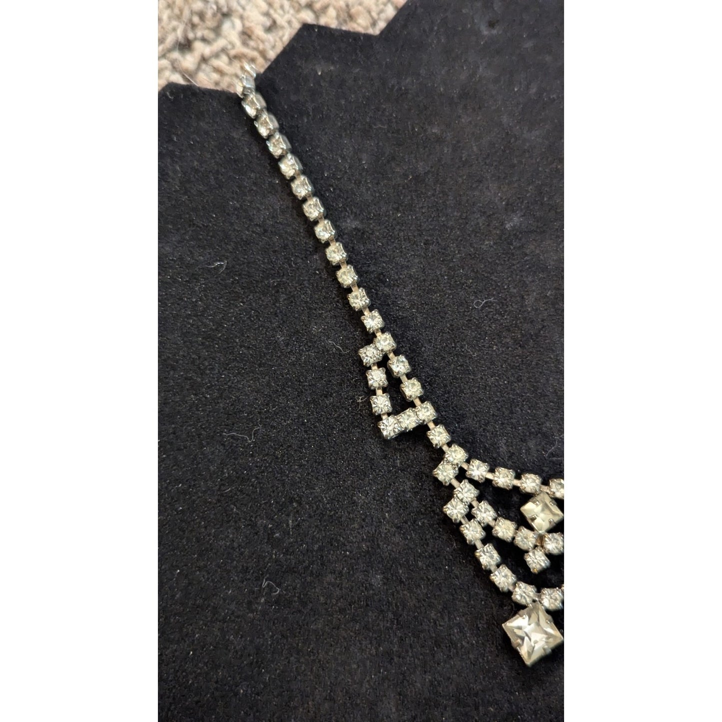 Vintage Silver Tone Clear Rhinestone V Drop Chevron Bib Necklace Square Center