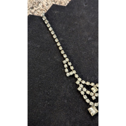 Vintage Silver Tone Clear Rhinestone V Drop Chevron Bib Necklace Square Center