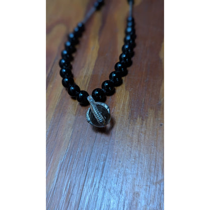 925 Sterling Silver Dragon Claw Orb Black Beaded Gothic Necklace