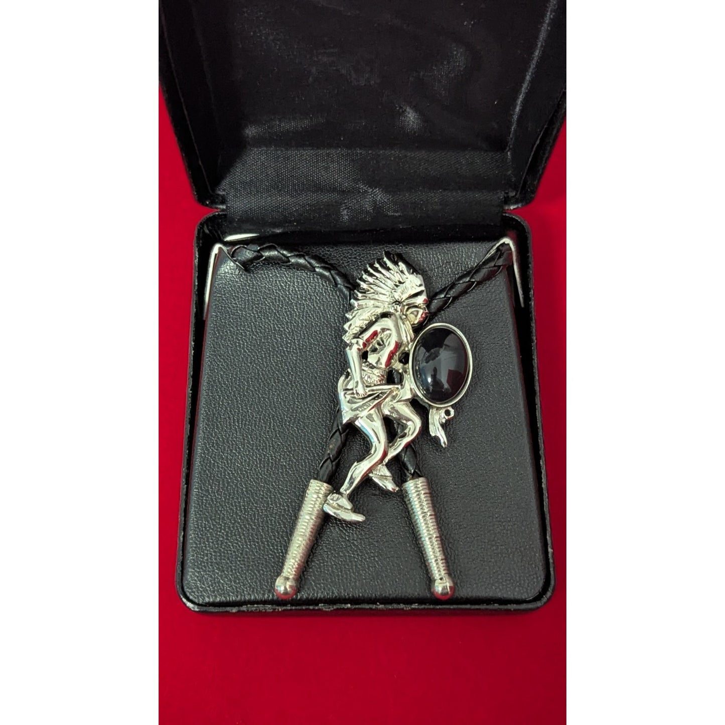 American Indian Warrior With Hatchet Bolo Tie Black Stone Made In USA Silver