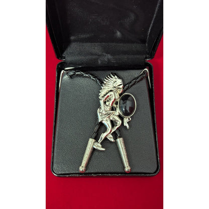 American Indian Warrior With Hatchet Bolo Tie Black Stone Made In USA Silver