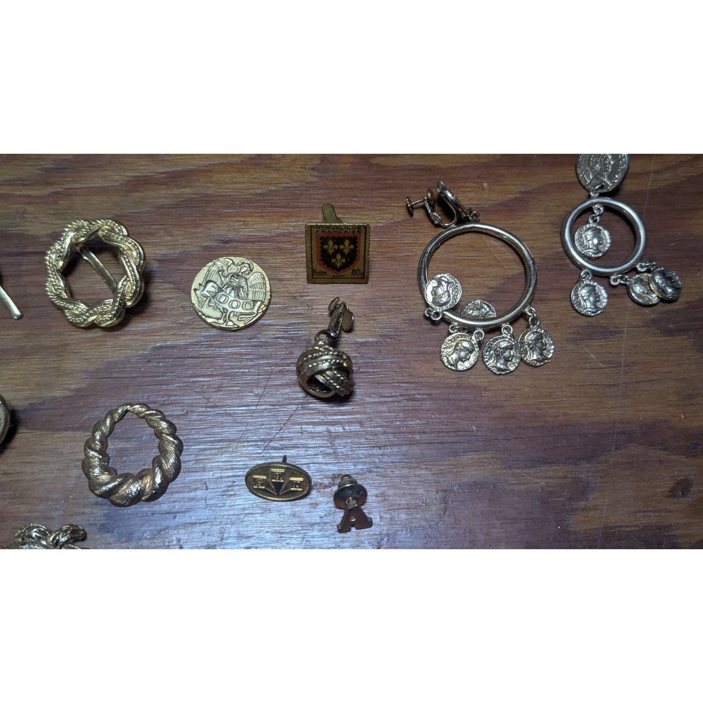 Vintage Gold Tone Jewelry Lot Brooches Pins Coin Earrings Bundle