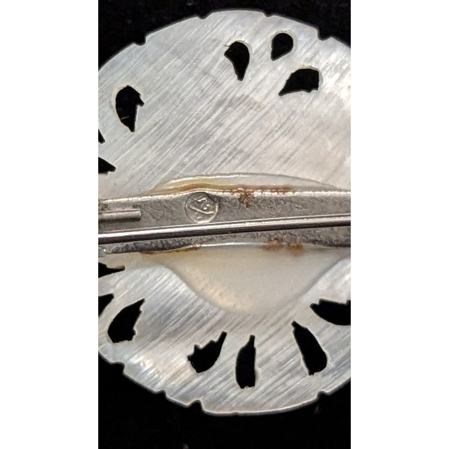 Vintage Mother of Pearl Pierced Reticulated Round Brooch Pin Marked Hallmark
