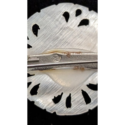 Vintage Mother of Pearl Pierced Reticulated Round Brooch Pin Marked Hallmark