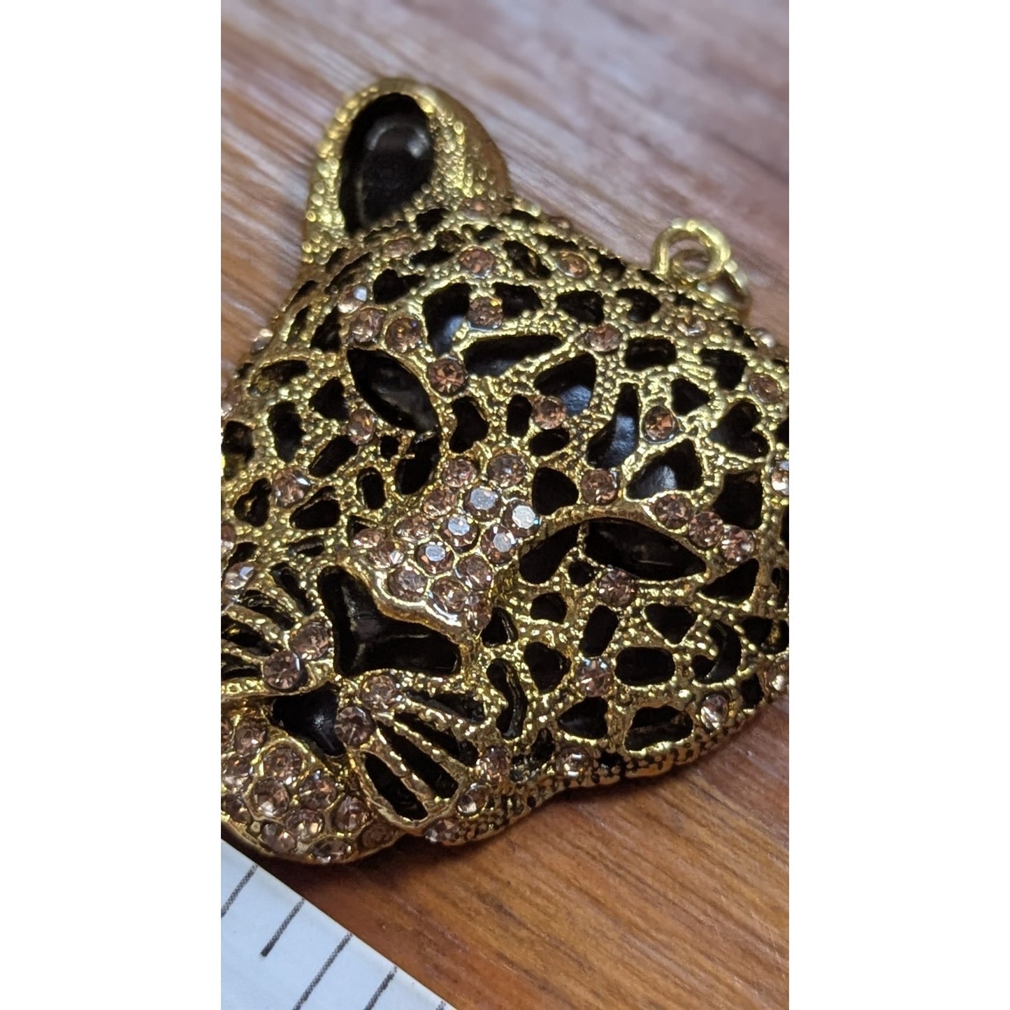 Leopard Tiger Cat Head Pendant Chunky Silver Tone Rhinestones w Black Enamel
