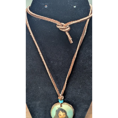 Vintage Jama Signed Hand Painted Mother Child Pendant Necklace