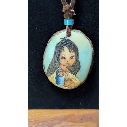 Vintage Jama Signed Hand Painted Mother Child Pendant Necklace