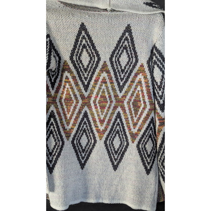 Woven Heart Womens M Open Front Cardigan Aztec Diamond Knit Sweater Ivory Multi