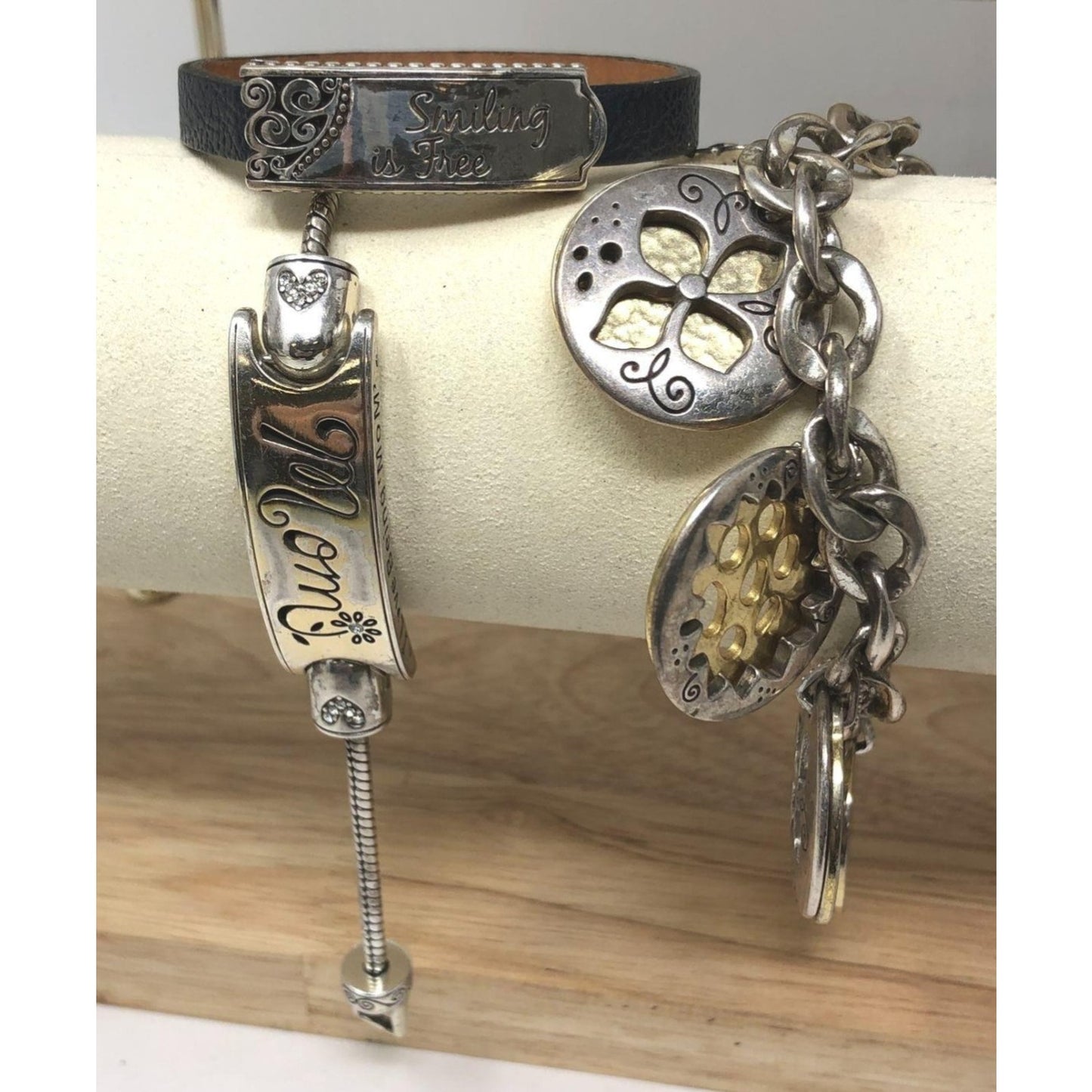 Lot of 3 Brighton Bracelets - Silver Plated & Leather - Mom & Smiling Is Free