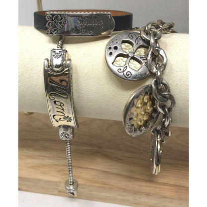 Lot of 3 Brighton Bracelets - Silver Plated & Leather - Mom & Smiling Is Free