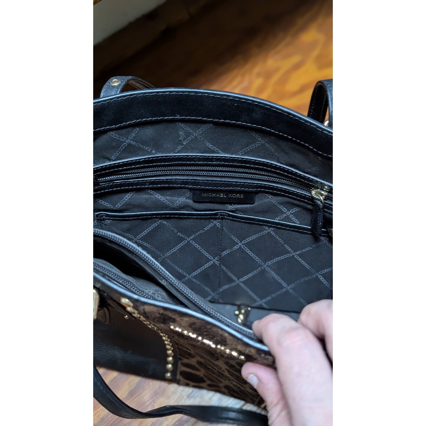 Michael Kors Uptown Astor Studded Tote Giraffe Calf Hair Black Michael Kors