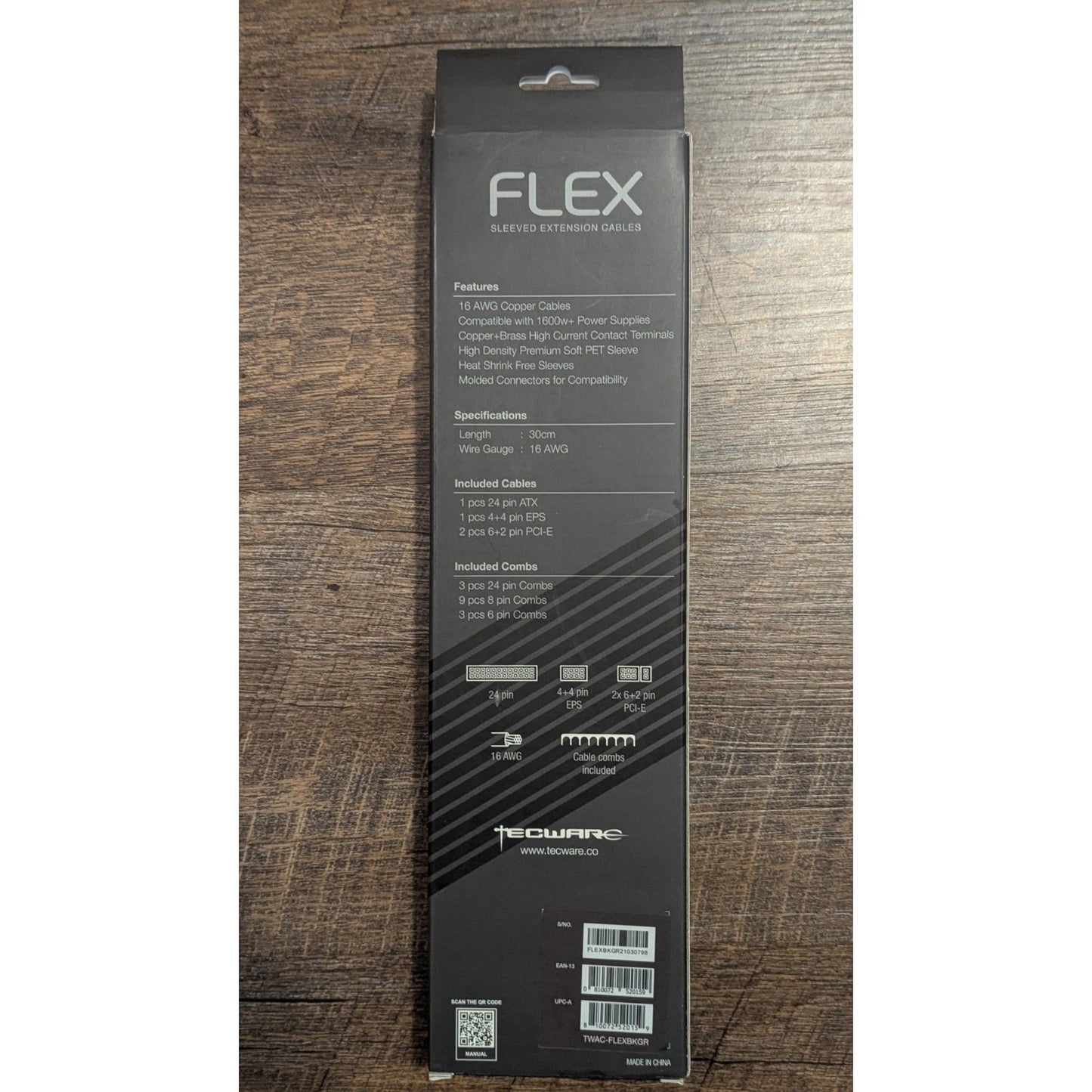Tecware Flex Sleeved Extension Cable Kit Black Grey 24 Pin ATX 4+4 EPS PCI E New