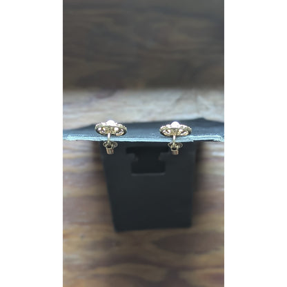 Vintage Coventry Gold Tone Clip On Earrings Oval Openwork Moonglow Beads