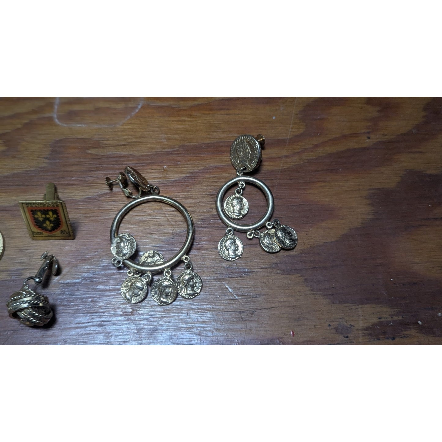 Vintage Gold Tone Jewelry Lot Brooches Pins Coin Earrings Bundle