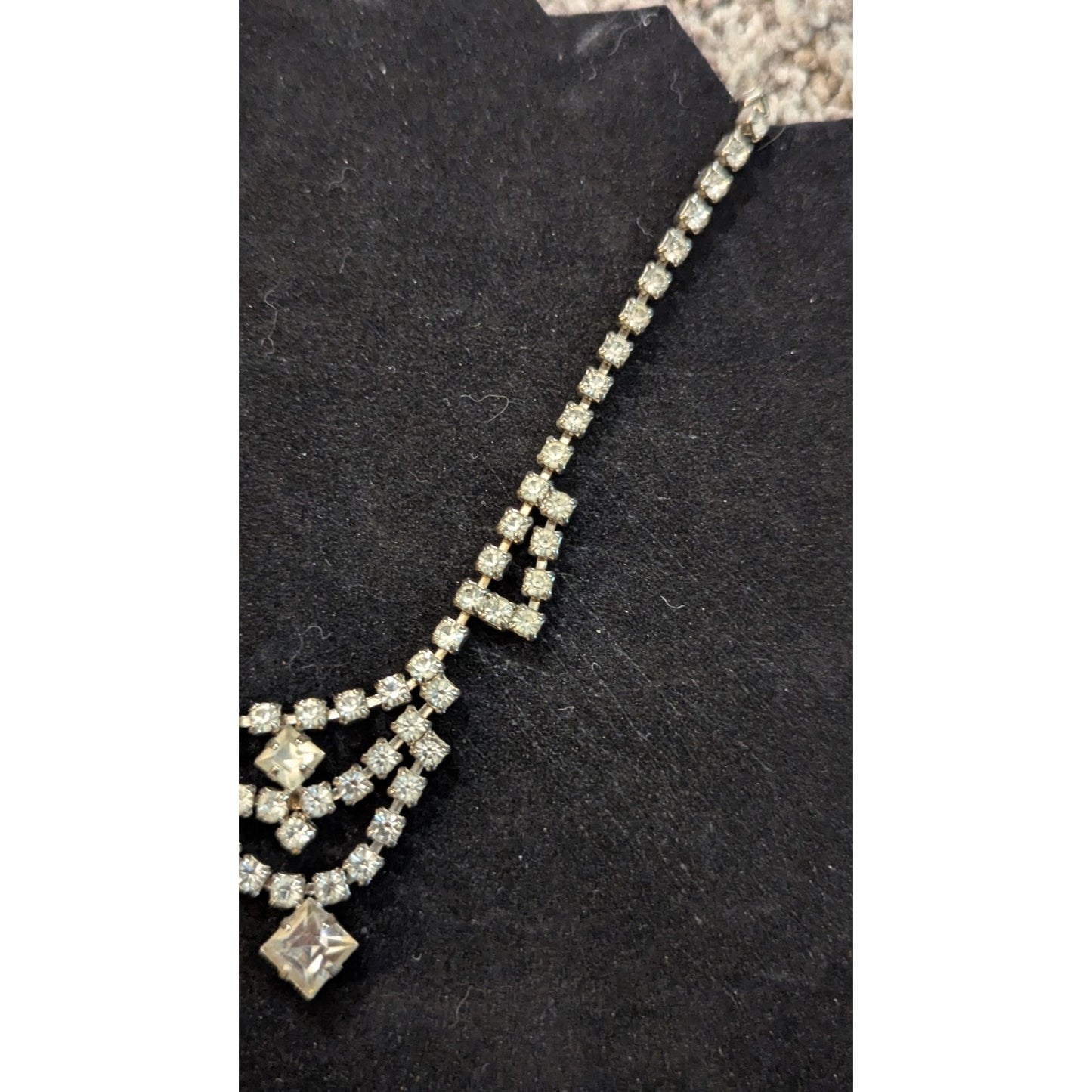 Vintage Silver Tone Clear Rhinestone V Drop Chevron Bib Necklace Square Center
