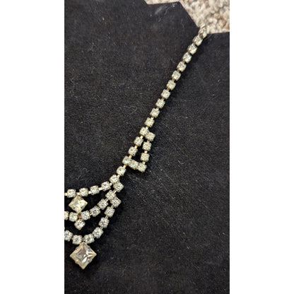 Vintage Silver Tone Clear Rhinestone V Drop Chevron Bib Necklace Square Center