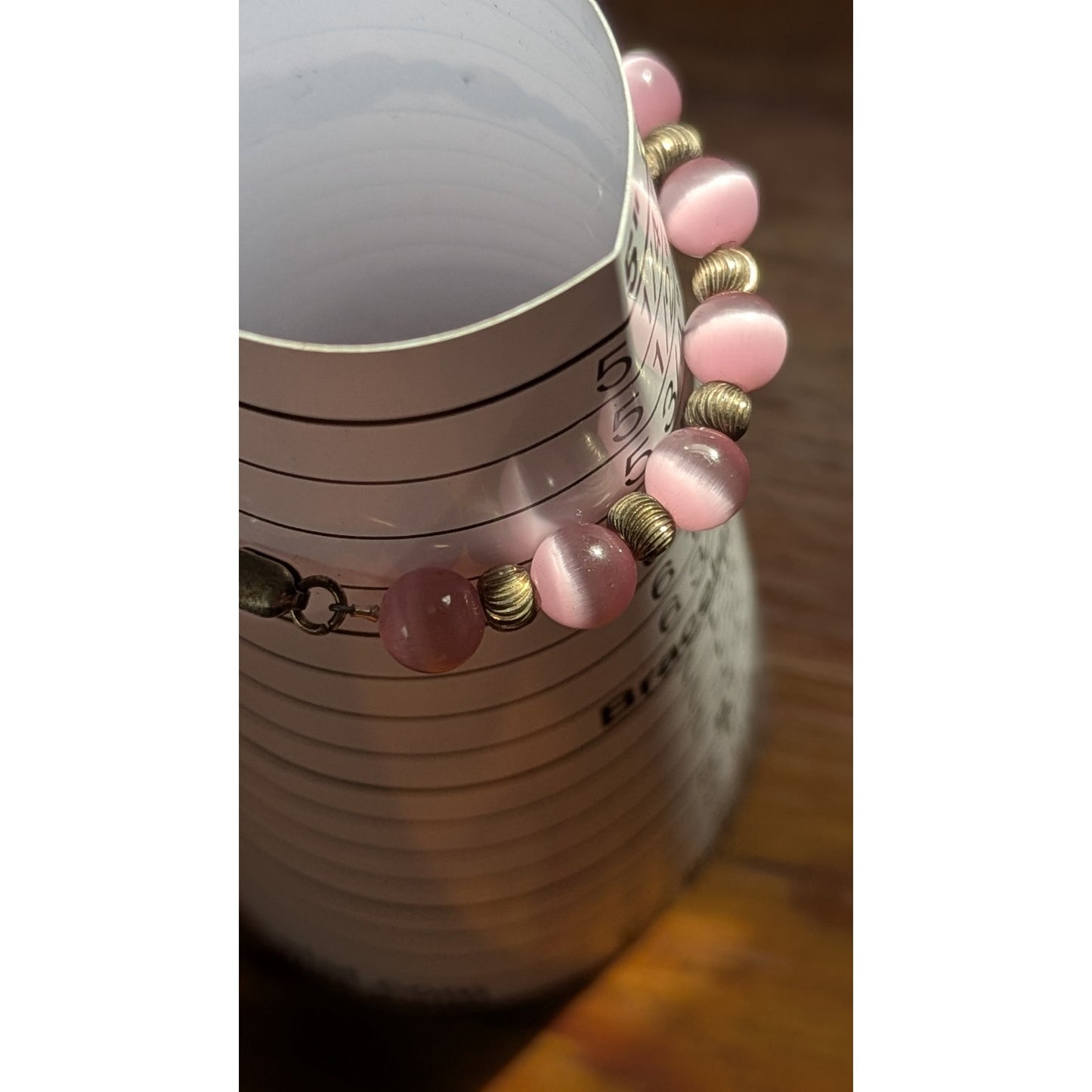 Vintage Sterling Silver 925 Pink Cat's Eye Fiber Optic Bead Bracelet 6" Petite