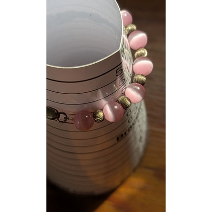 Vintage Sterling Silver 925 Pink Cat's Eye Fiber Optic Bead Bracelet 6" Petite