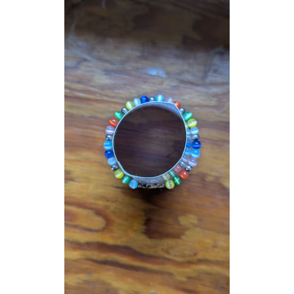 Vintage 925 Sterling Silver Rainbow Cats Eye Bead & Pyrite Bracelet 7"