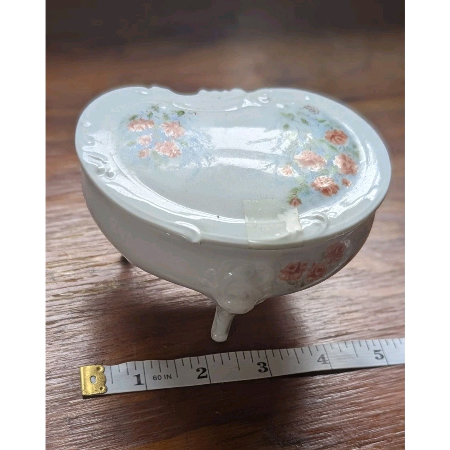 Vintage Hand Painted Porcelain Heart Trinket Dish Footed Pink Roses Signed