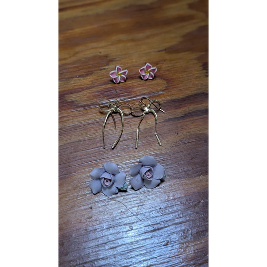 Vintage Earring Lot 3 Pairs Plumeria Bow Fringe Porcelain Rose Estate